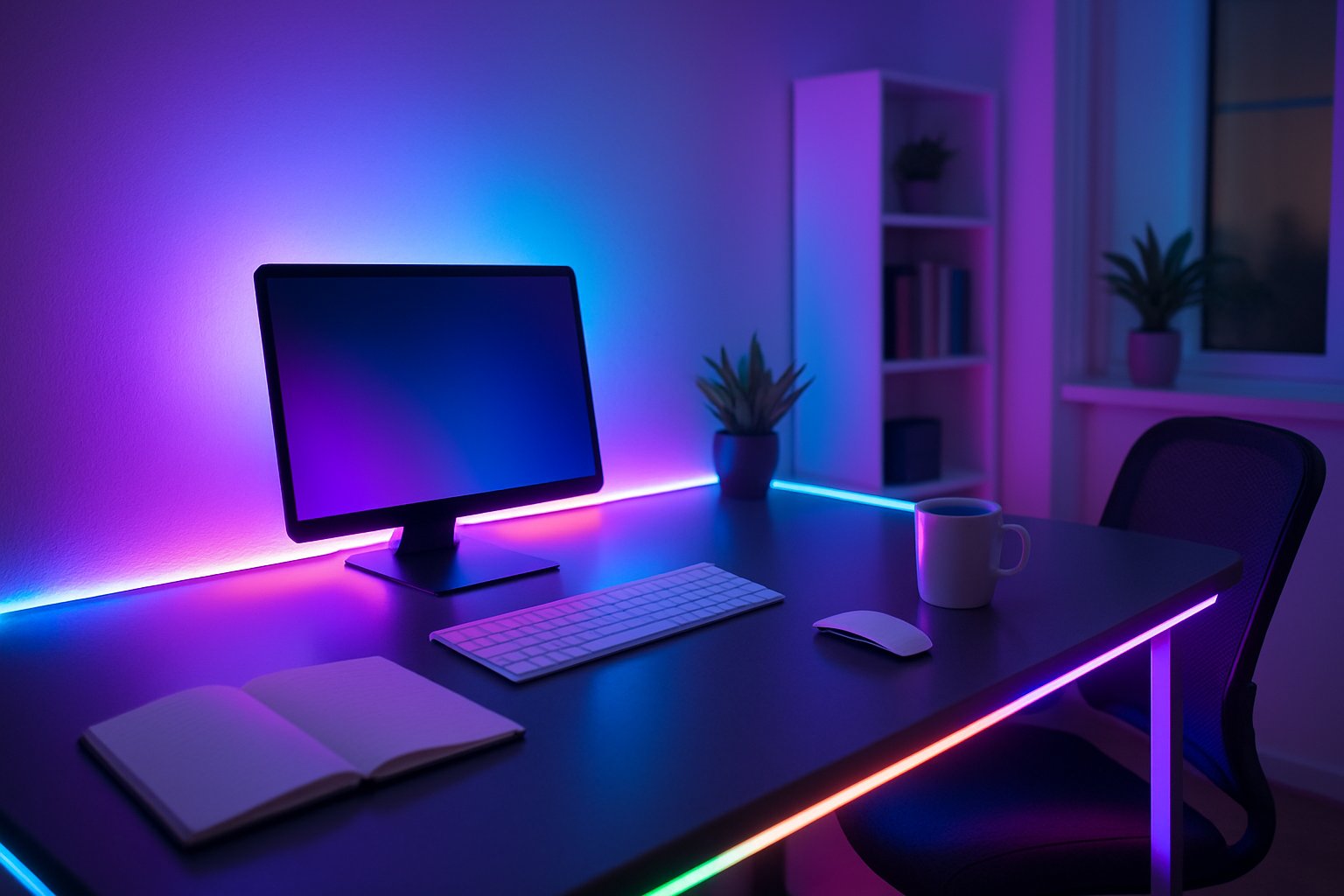 Ein moderner Homeoffice-Arbeitsplatz mit LED-Beleuchtung, Laptop und Zubehör auf einem Schreibtisch.