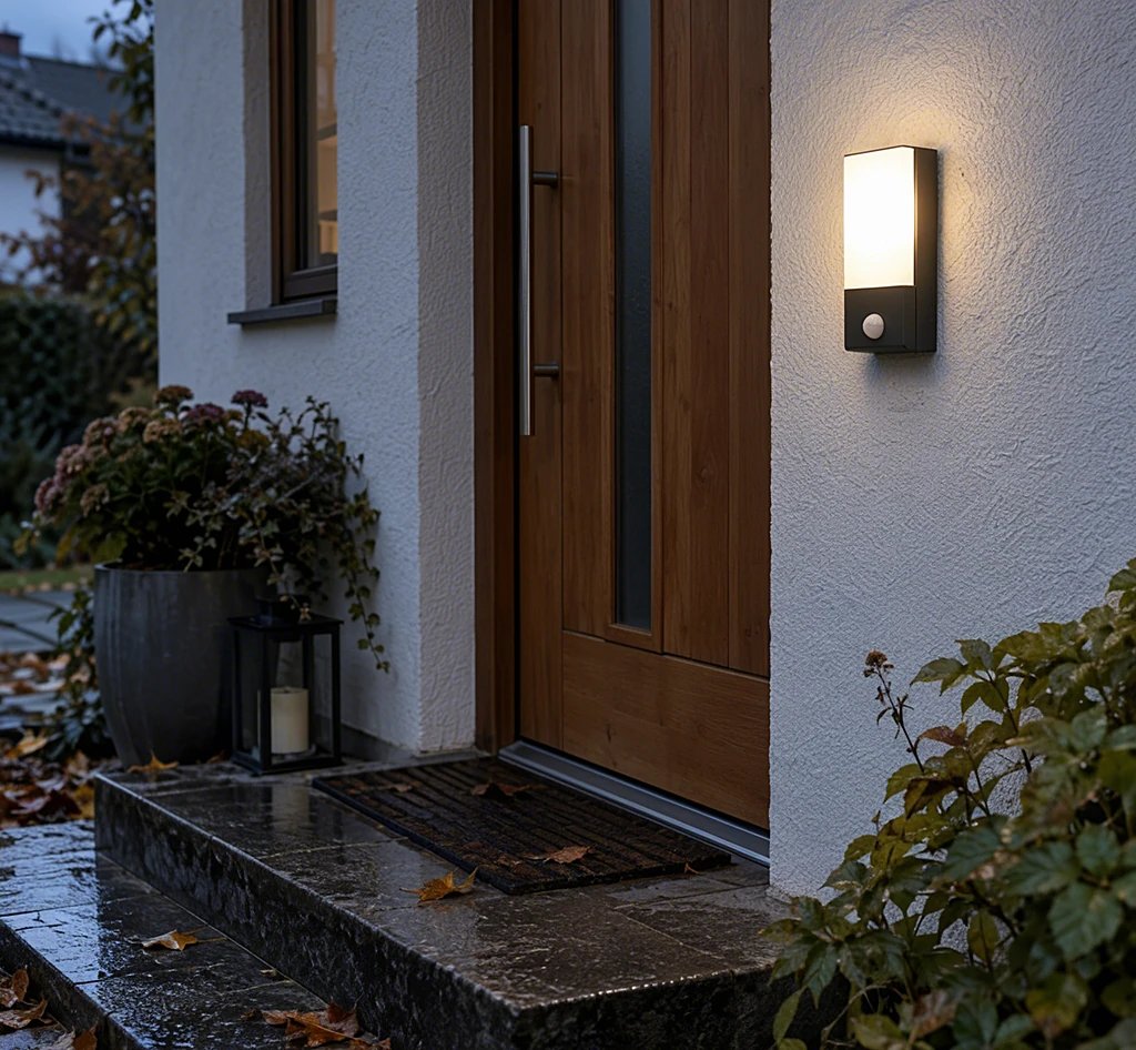 LED-Außenleuchte mit Bewegungsmelder leuchtet warmweiß neben einer Haustür in der Dämmerung